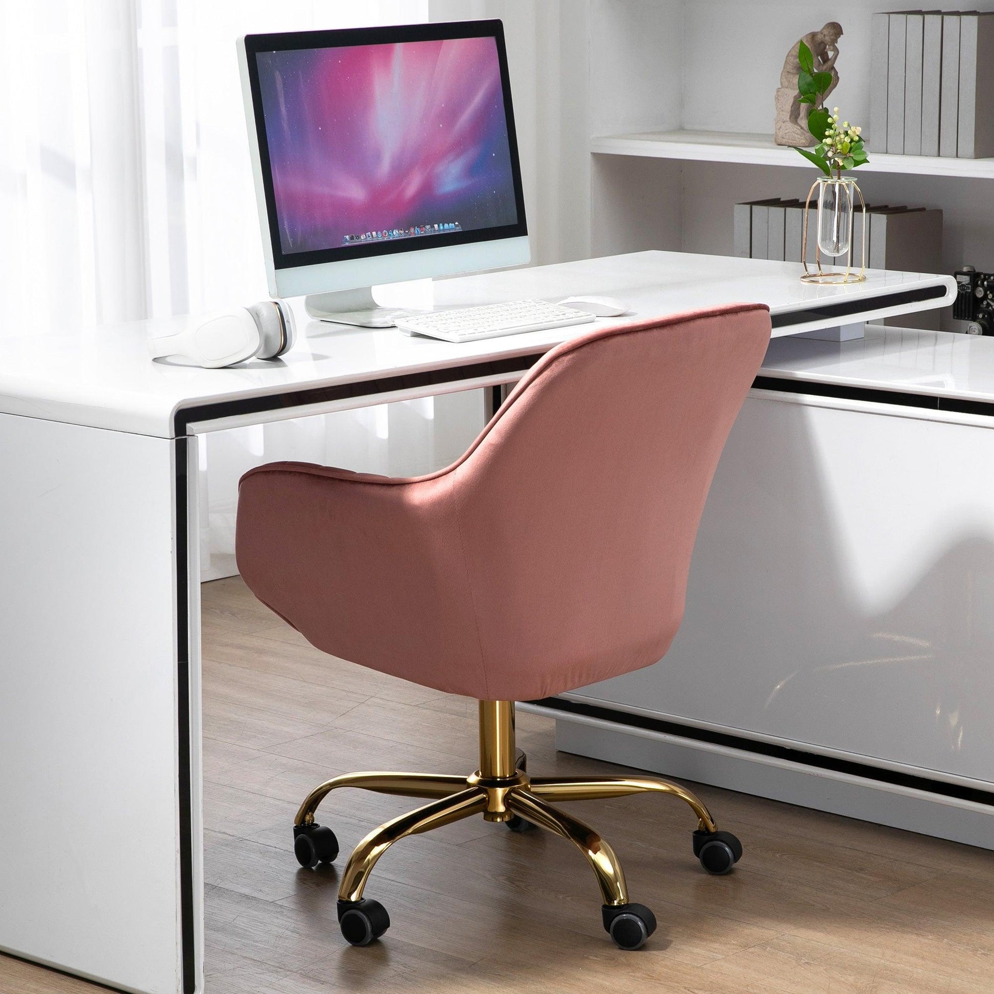 360° Pink Velvet Swivel Chair With High Back Adjustable Working Chair With Golden Color Base - FurniFindUSA