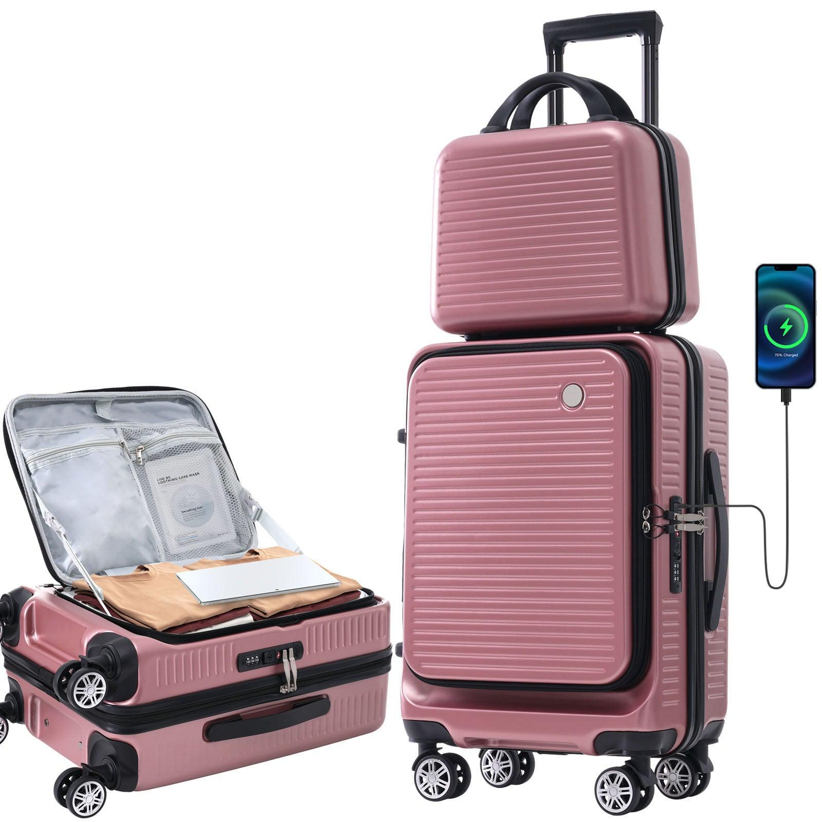 Carry-on Luggage 20 Inch Open Luggage Lightweight Suitcase with Front Pocket and USB Port 1 Portable Carrying Case Rose Gold - FurniFindUSA