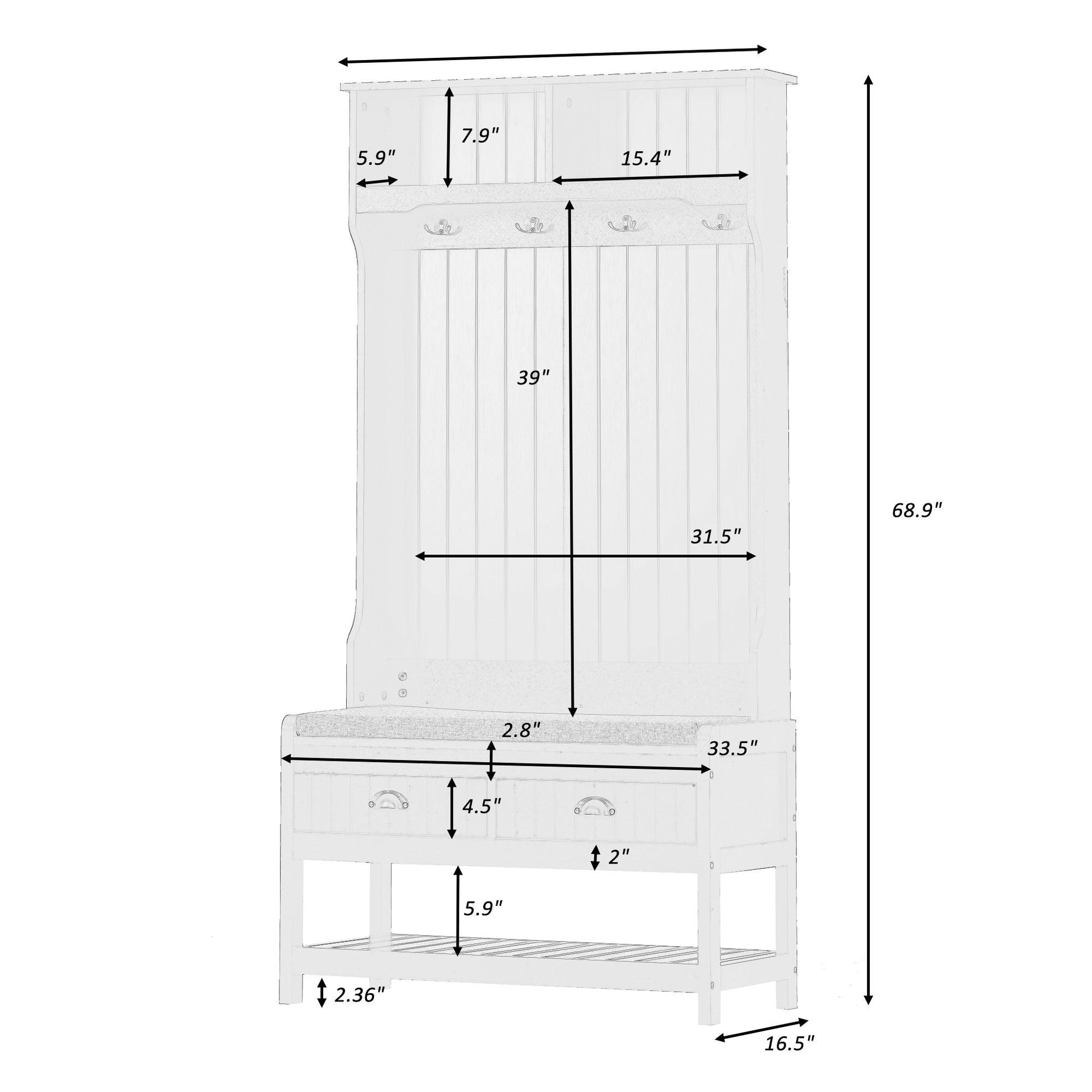 U-Can Hall Tree with 4 Hooks and Hinged Lid Coat Hanger Entryway Bench Storage Bench - FurniFindUSA