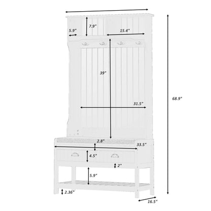 U-Can Hall Tree with 4 Hooks and Hinged Lid Coat Hanger Entryway Bench Storage Bench - FurniFindUSA