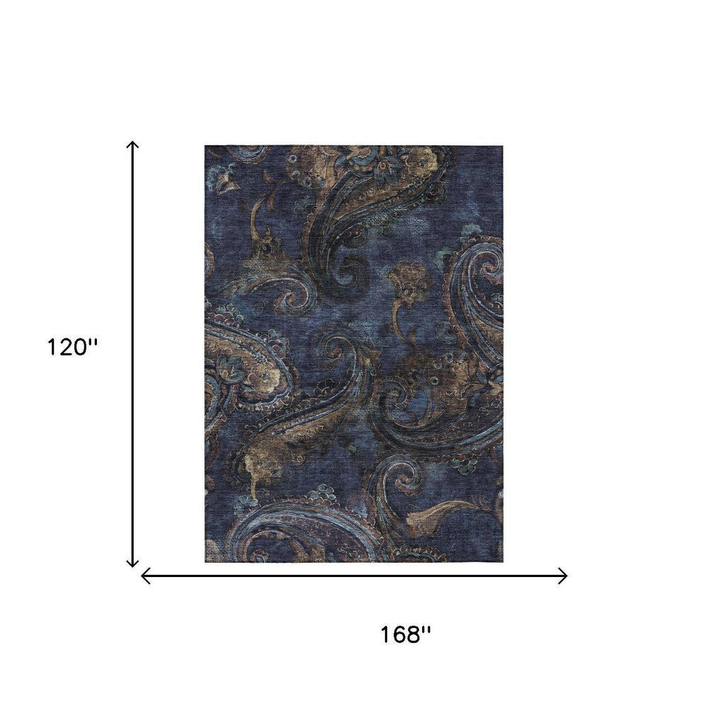 10' X 14' Navy Blue And Blue Paisley Washable Indoor Outdoor Area Rug — view 4