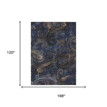 10' X 14' Navy Blue And Blue Paisley Washable Indoor Outdoor Area Rug HomeRoots