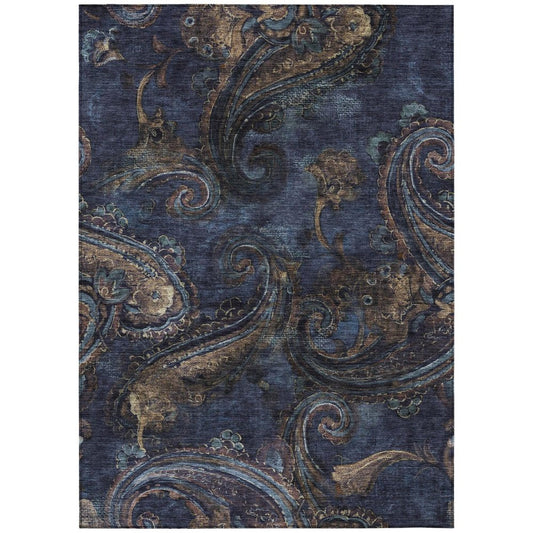 10' X 14' Navy Blue And Blue Paisley Washable Indoor Outdoor Area Rug