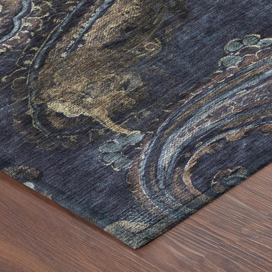 10' X 14' Navy Blue And Blue Paisley Washable Indoor Outdoor Area Rug