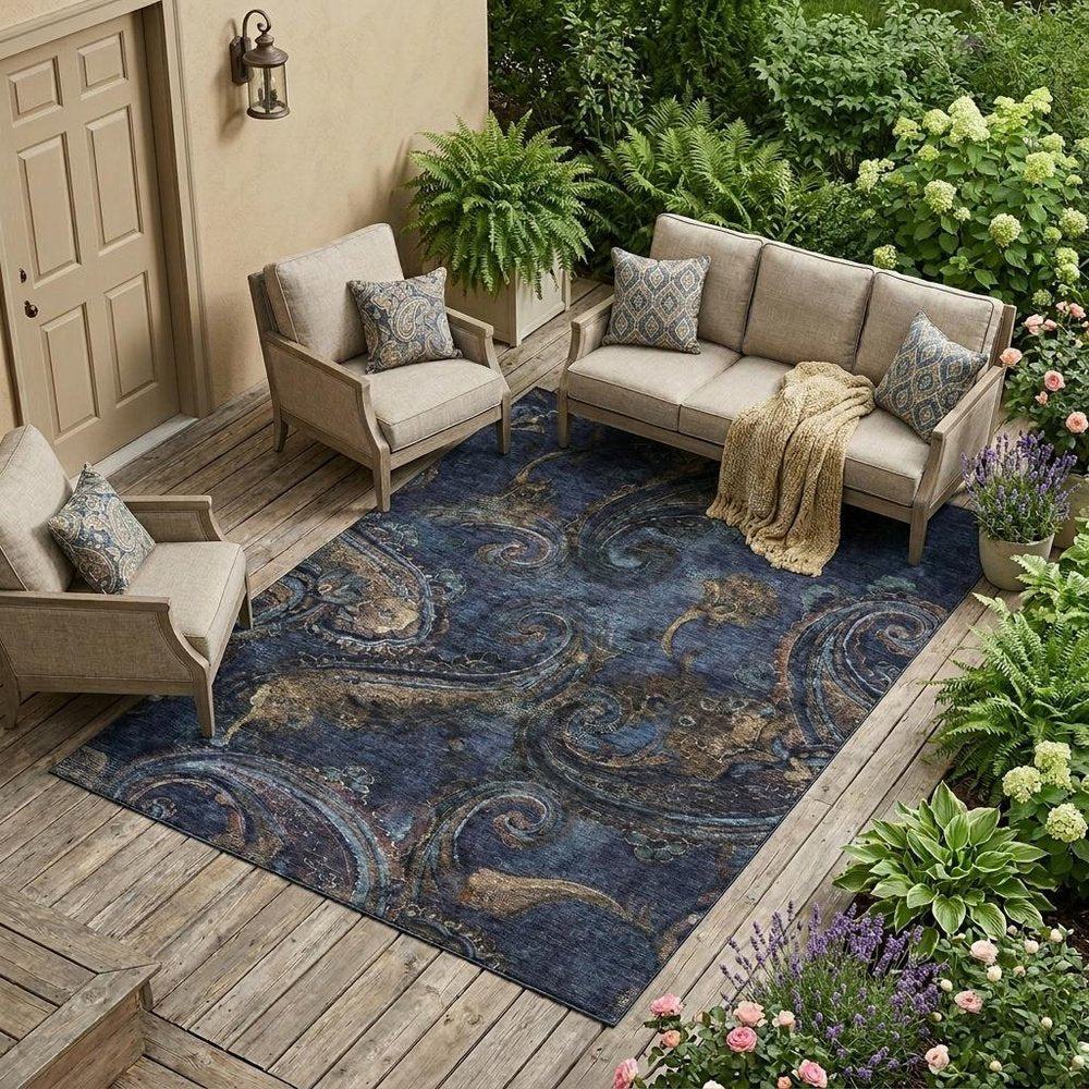 10' X 14' Navy Blue And Blue Paisley Washable Indoor Outdoor Area Rug HomeRoots