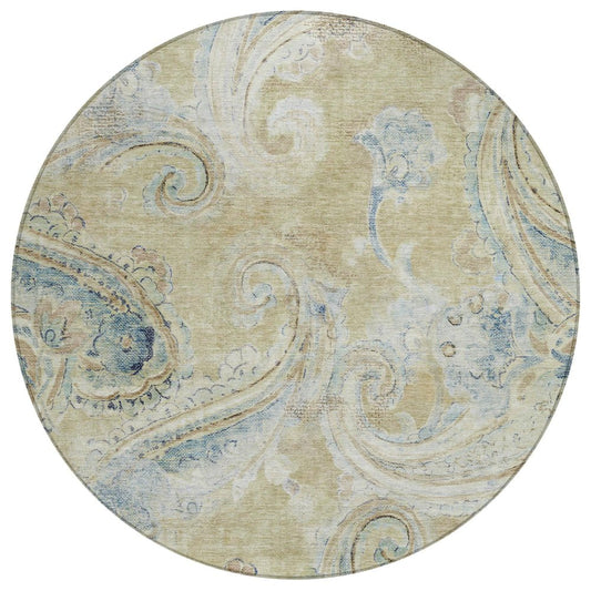 8' Wheat And Gold Round Paisley Washable Indoor Outdoor Area Rug