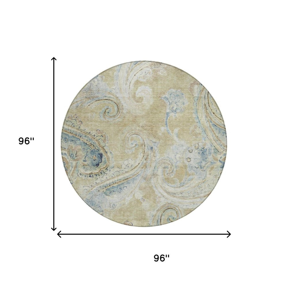 8' Wheat And Gold Round Paisley Washable Indoor Outdoor Area Rug HomeRoots