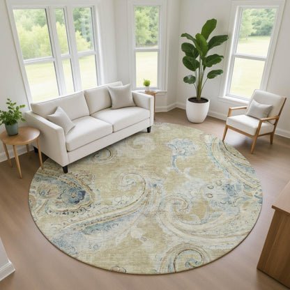 8' Wheat And Gold Round Paisley Washable Indoor Outdoor Area Rug HomeRoots