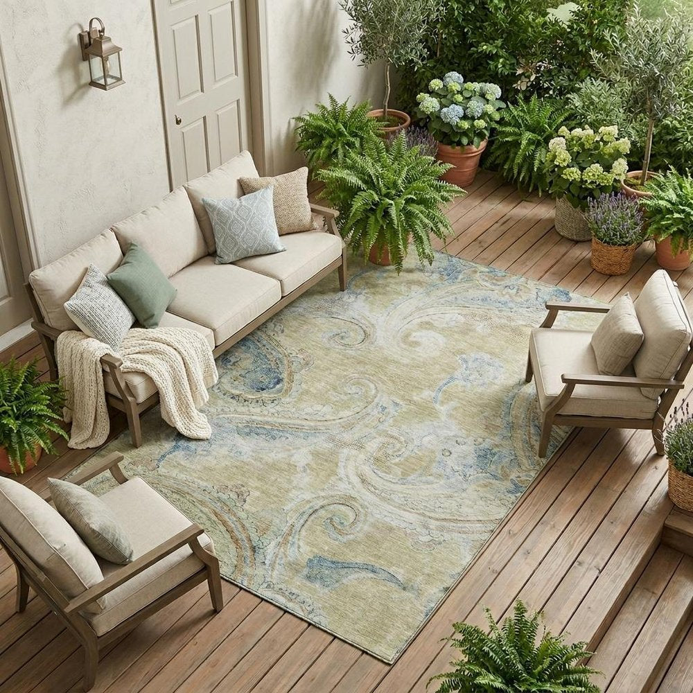 10' X 14' Wheat And Gold Paisley Washable Indoor Outdoor Area Rug — view 5