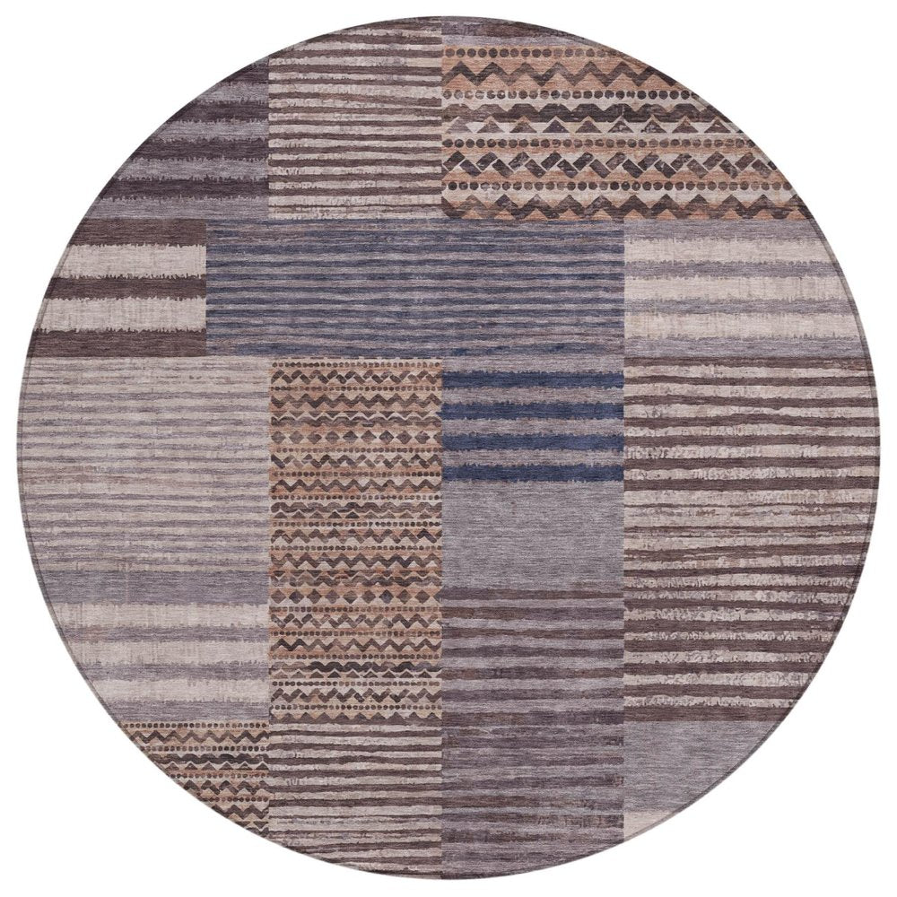 8' Brown And Gray Round Striped Washable Indoor Outdoor Area Rug HomeRoots