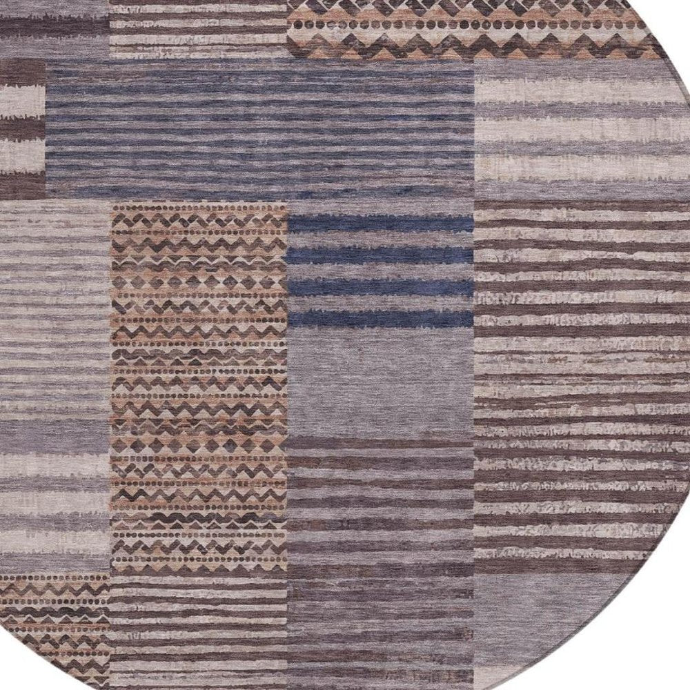 8' Brown And Gray Round Striped Washable Indoor Outdoor Area Rug HomeRoots