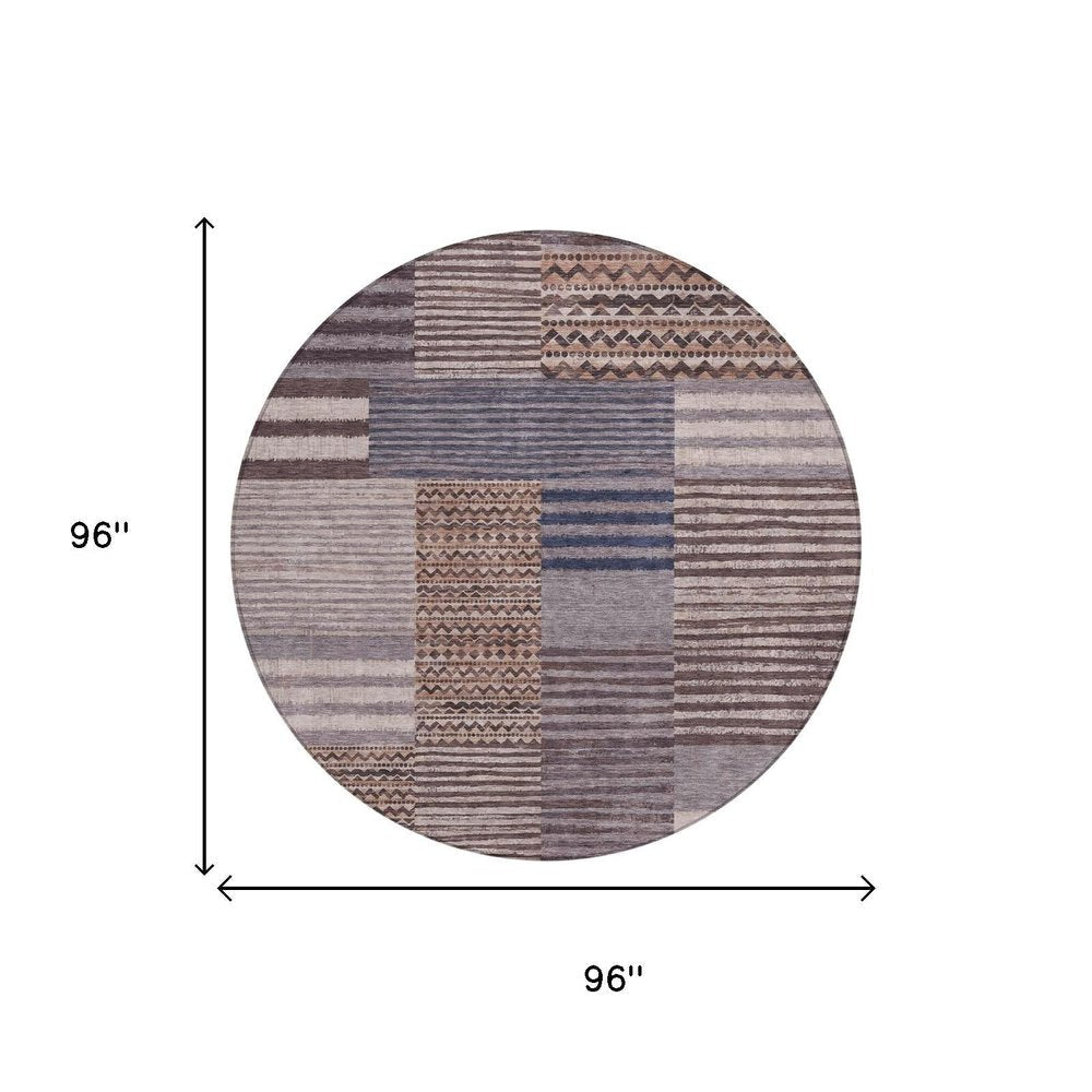 8' Brown And Gray Round Striped Washable Indoor Outdoor Area Rug HomeRoots