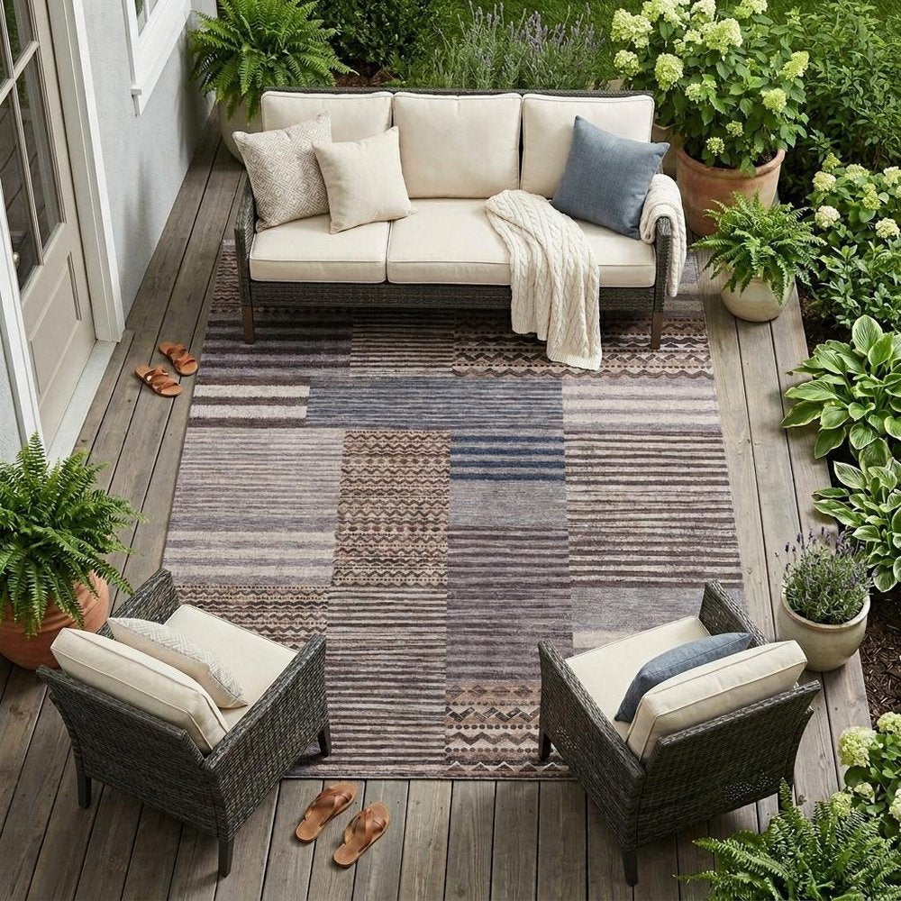 9' X 12' Brown And Gray Striped Washable Indoor Outdoor Area Rug — view 5