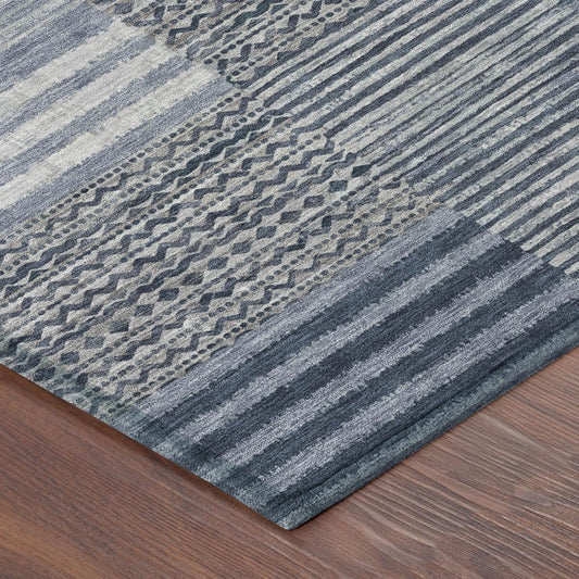 3' X 5' Blue And Gray Striped Washable Indoor Outdoor Area Rug