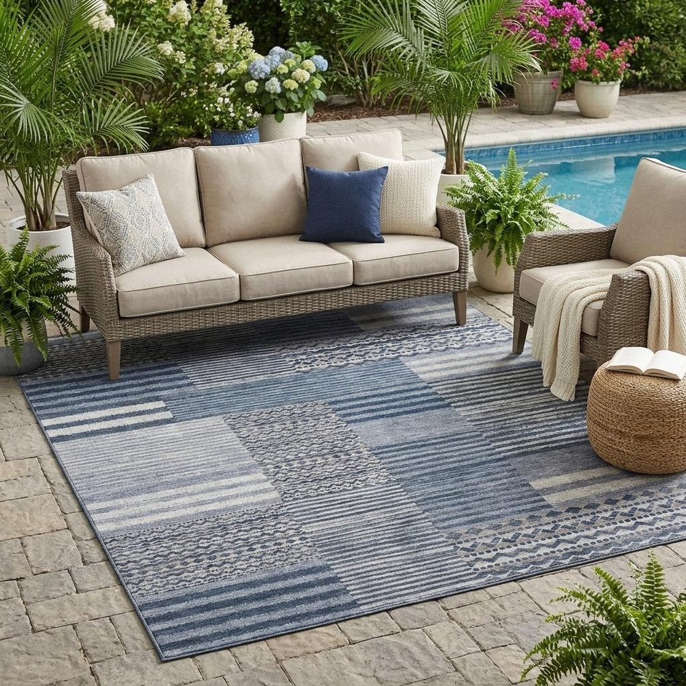 5' X 8' Blue And Gray Striped Washable Indoor Outdoor Area Rug HomeRoots