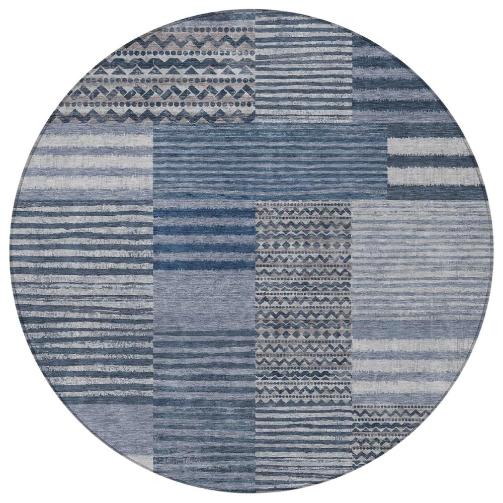 8' Blue And Gray Round Striped Washable Indoor Outdoor Area Rug — view 7