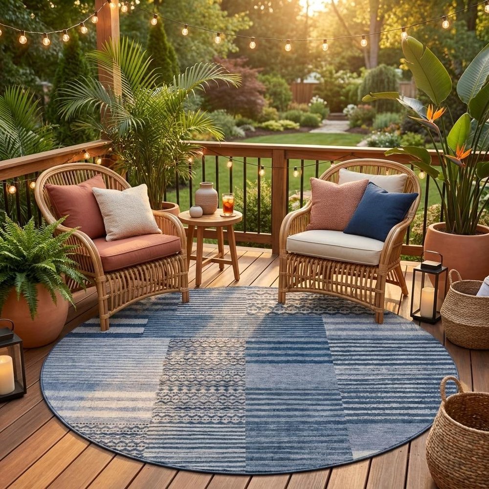 8' Blue And Gray Round Striped Washable Indoor Outdoor Area Rug