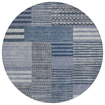 8' Blue And Gray Round Striped Washable Indoor Outdoor Area Rug HomeRoots