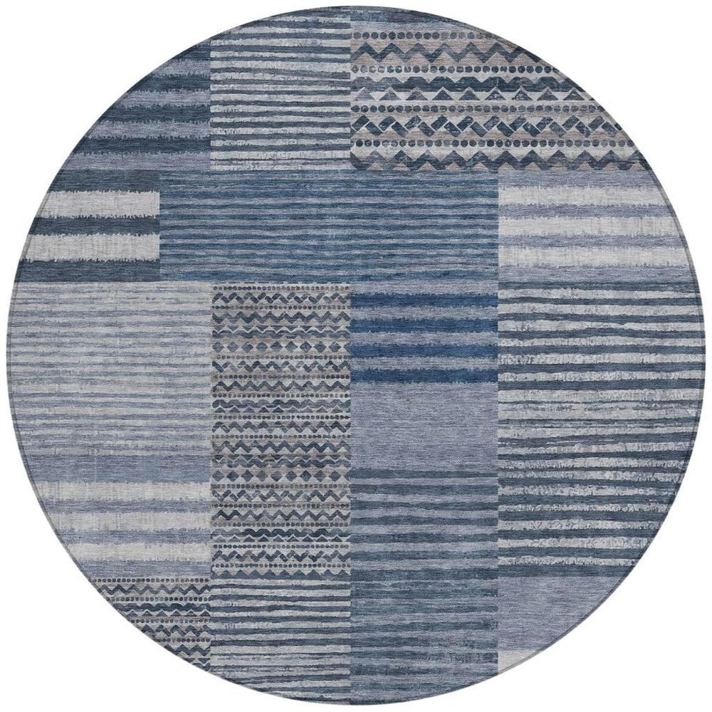 8' Blue And Gray Round Striped Washable Indoor Outdoor Area Rug — view 5