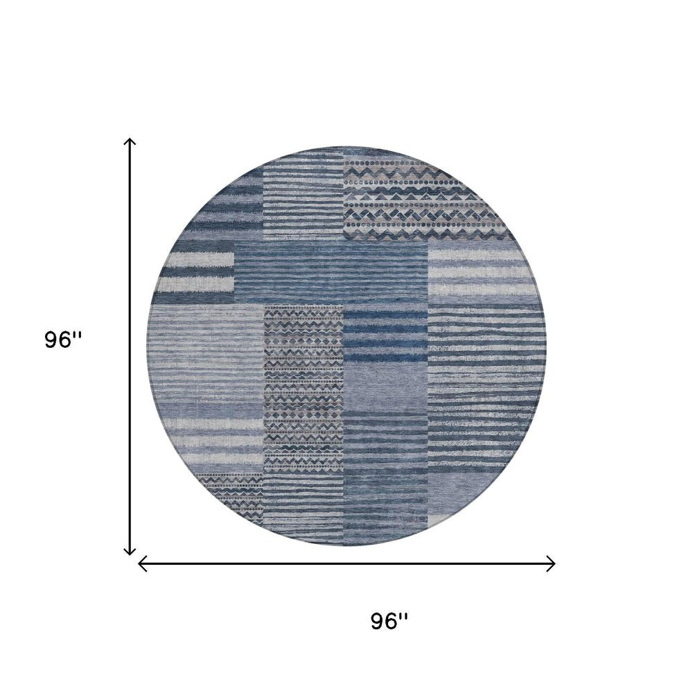 8' Blue And Gray Round Striped Washable Indoor Outdoor Area Rug HomeRoots