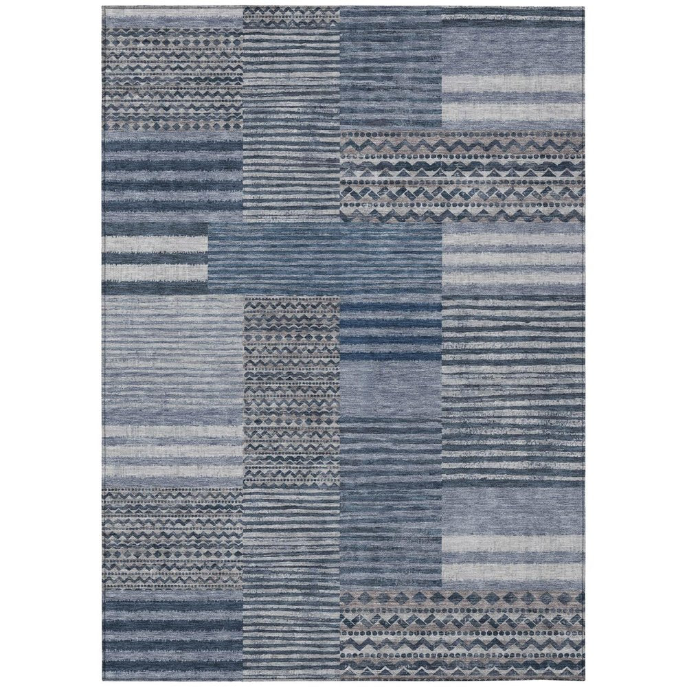 8' X 10' Blue And Gray Striped Washable Indoor Outdoor Area Rug — view 1