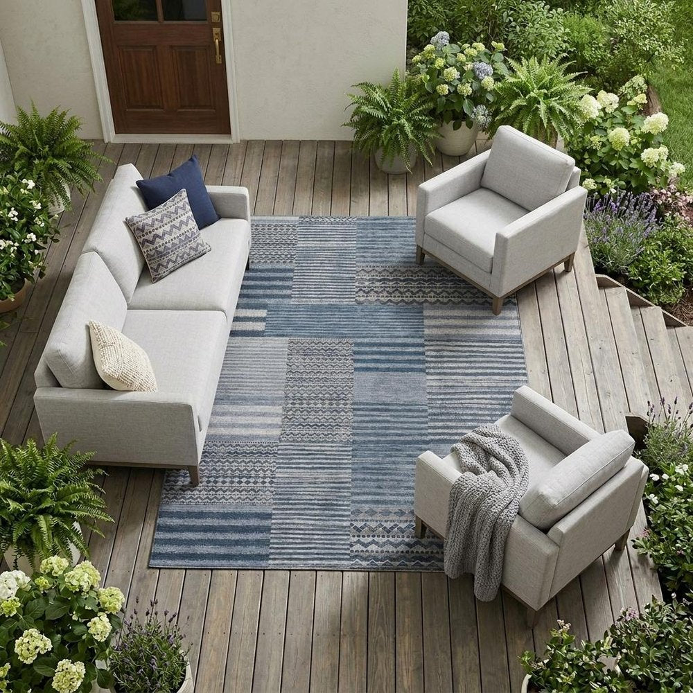 8' X 10' Blue And Gray Striped Washable Indoor Outdoor Area Rug — view 5