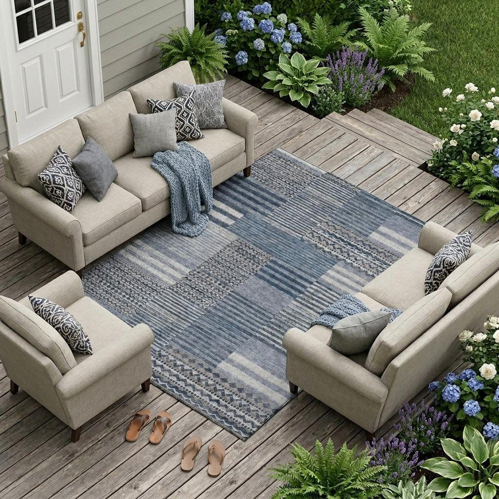 9' X 12' Blue And Gray Striped Washable Indoor Outdoor Area Rug HomeRoots