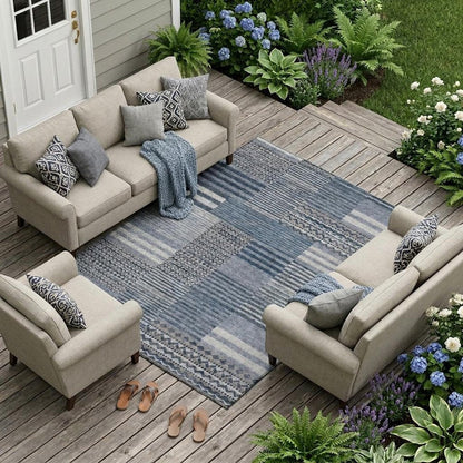 9' X 12' Blue And Gray Striped Washable Indoor Outdoor Area Rug HomeRoots