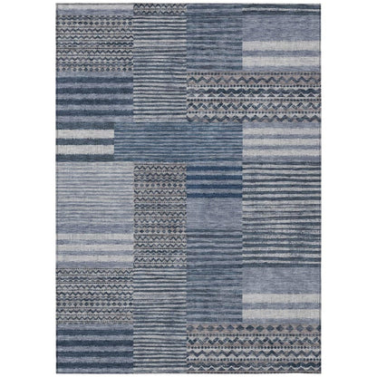 10' X 14' Blue And Gray Striped Washable Indoor Outdoor Area Rug