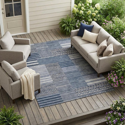10' X 14' Blue And Gray Striped Washable Indoor Outdoor Area Rug