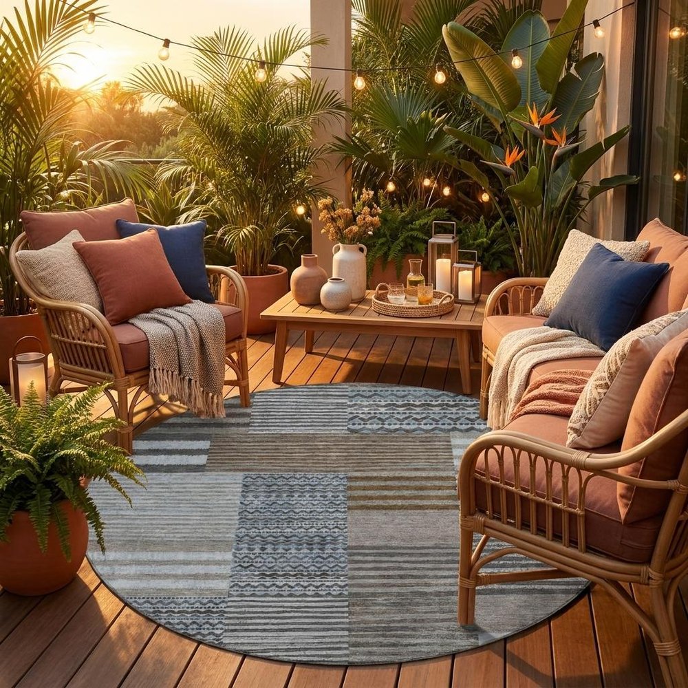 8' Chocolate And Brown Round Striped Washable Indoor Outdoor Area Rug — view 7