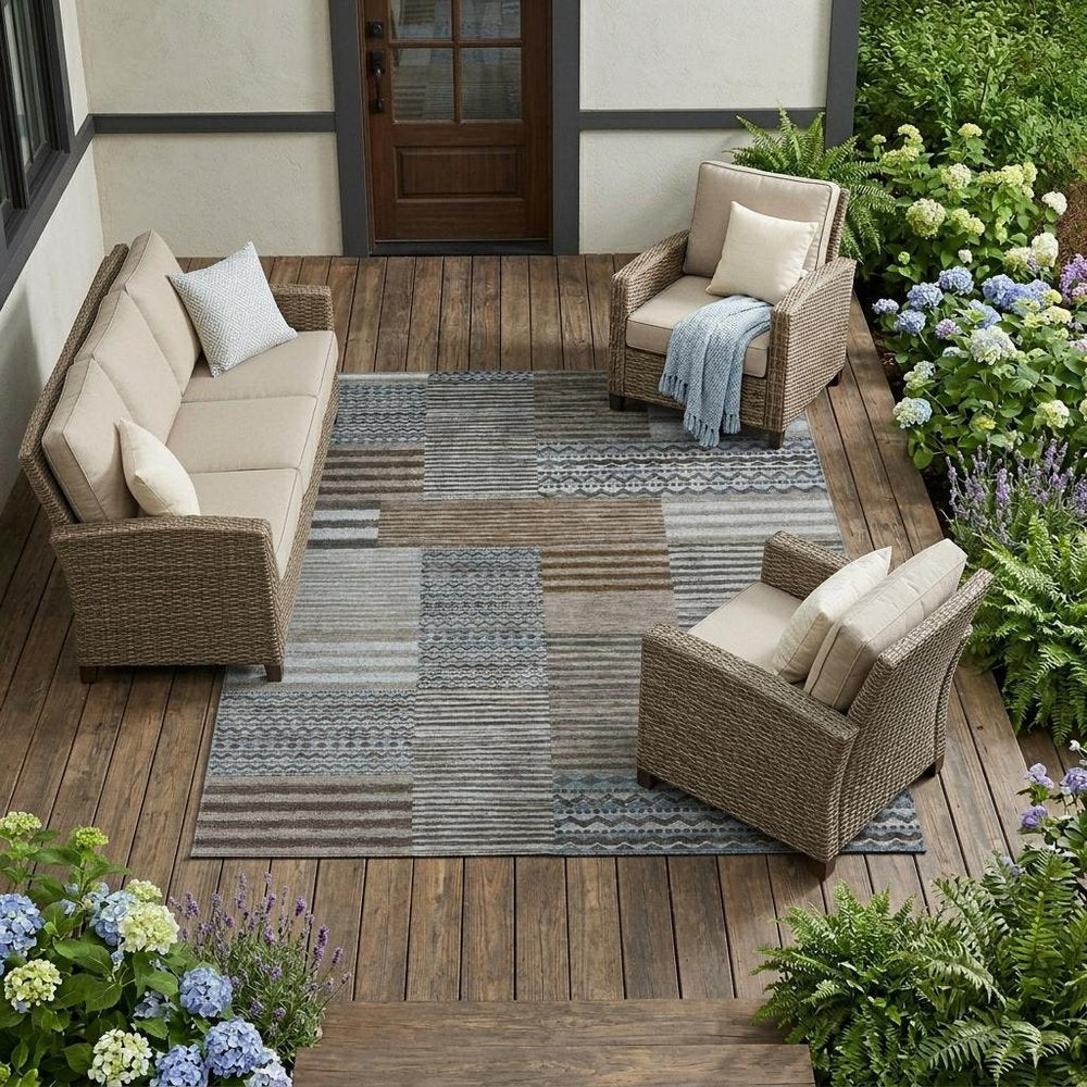 9' X 12' Chocolate And Brown Striped Washable Indoor Outdoor Area Rug — view 5
