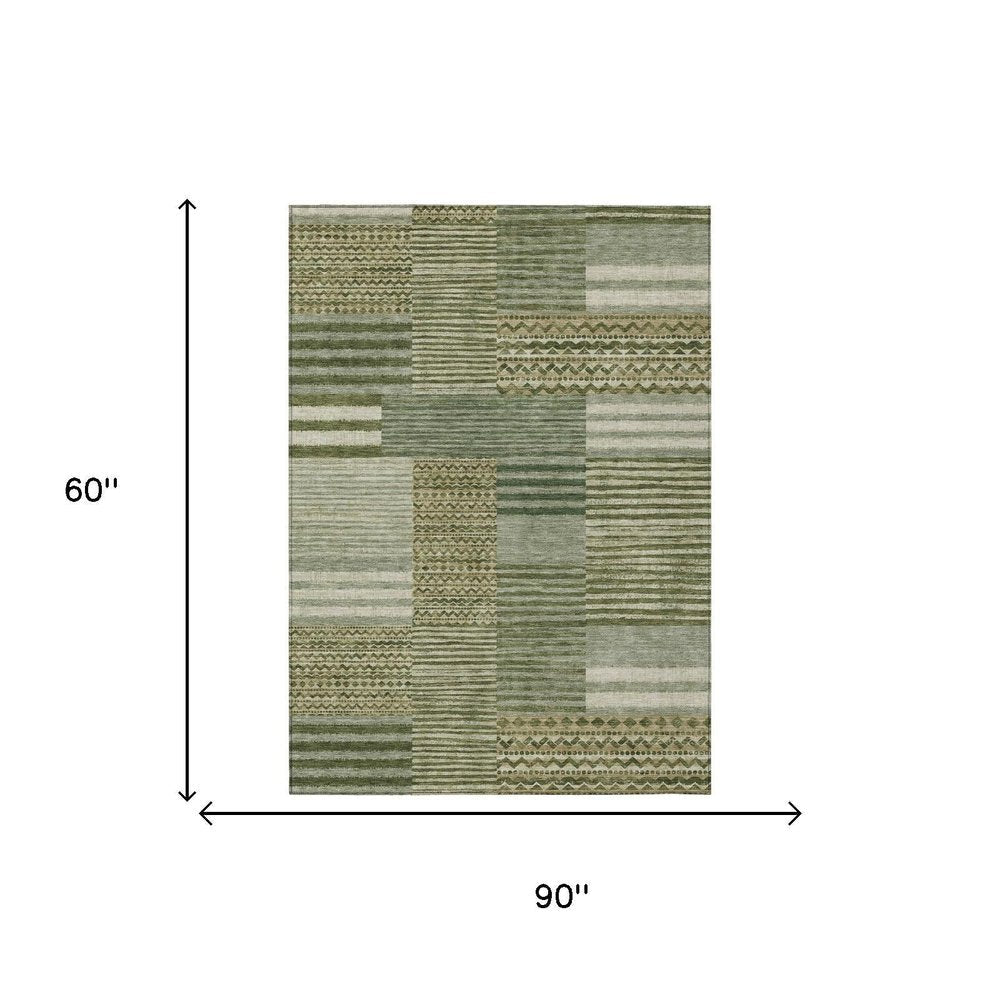 5' X 8' Green And Sage Striped Washable Indoor Outdoor Area Rug HomeRoots