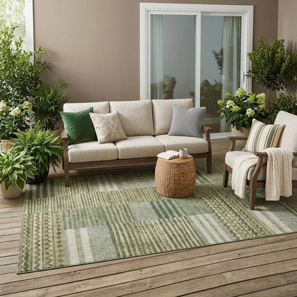 5' X 8' Green And Sage Striped Washable Indoor Outdoor Area Rug HomeRoots