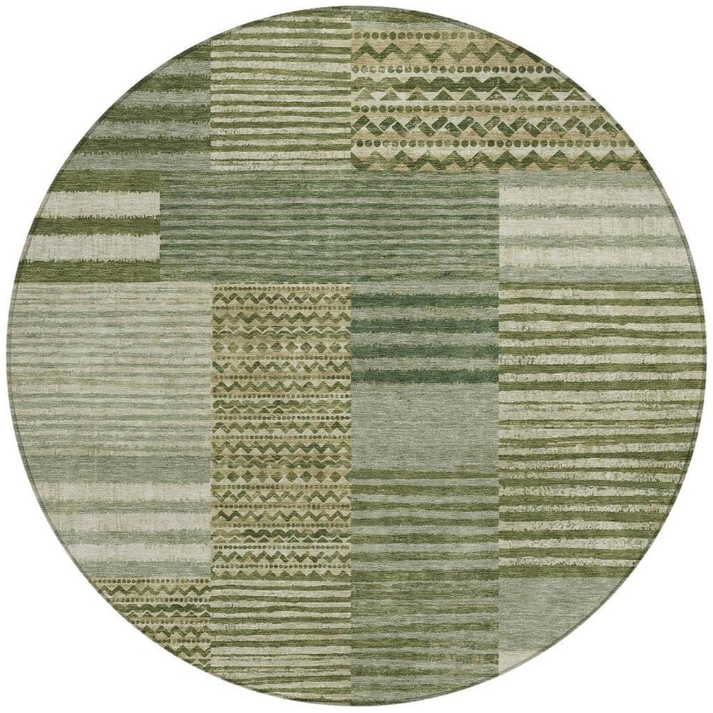 8' Green And Sage Round Striped Washable Indoor Outdoor Area Rug — view 6