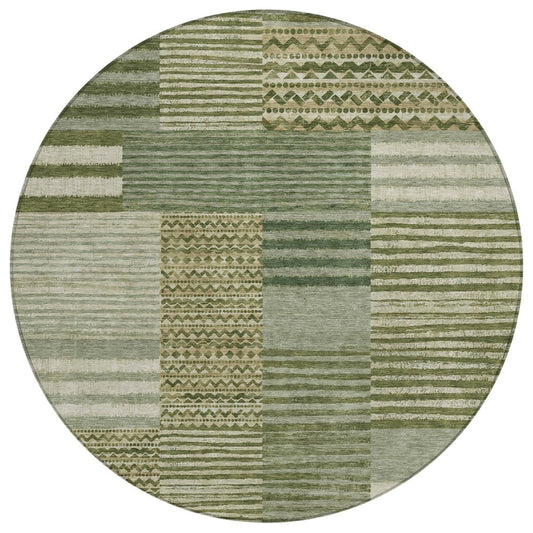 8' Green And Sage Round Striped Washable Indoor Outdoor Area Rug