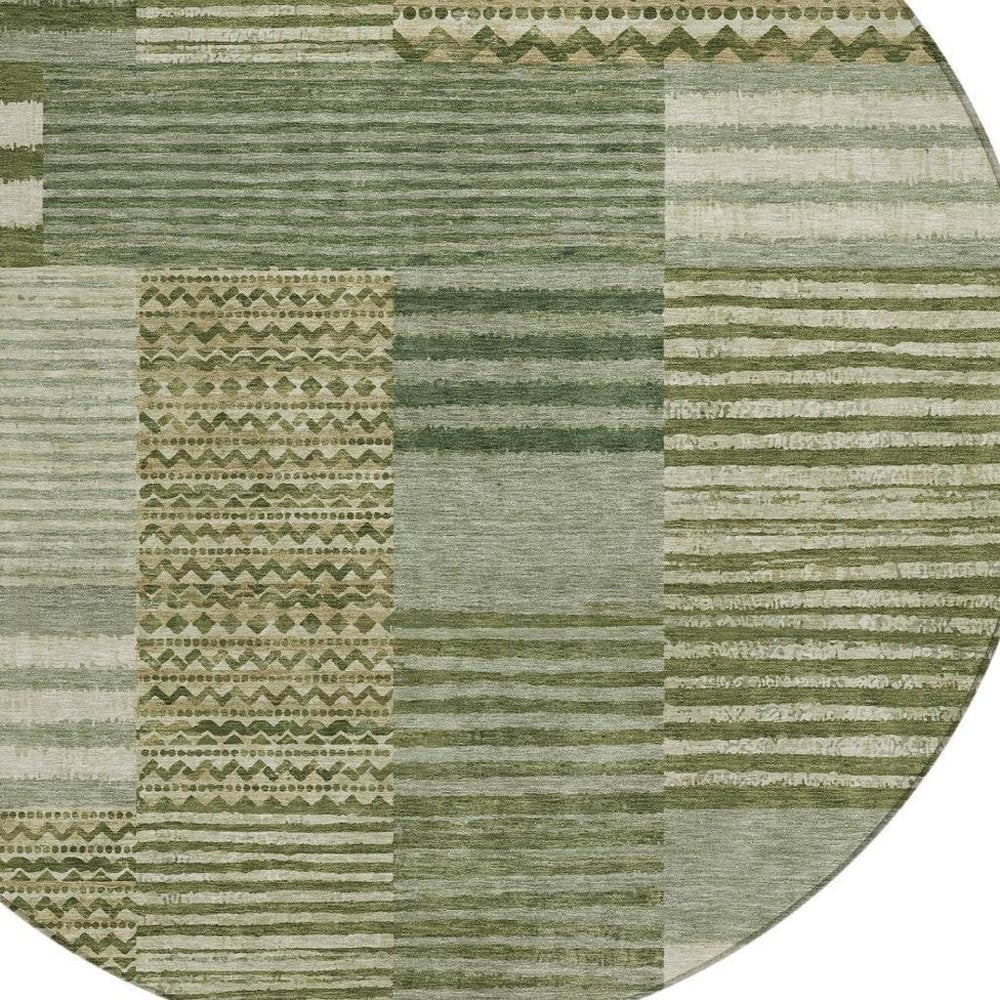 8' Green And Sage Round Striped Washable Indoor Outdoor Area Rug HomeRoots