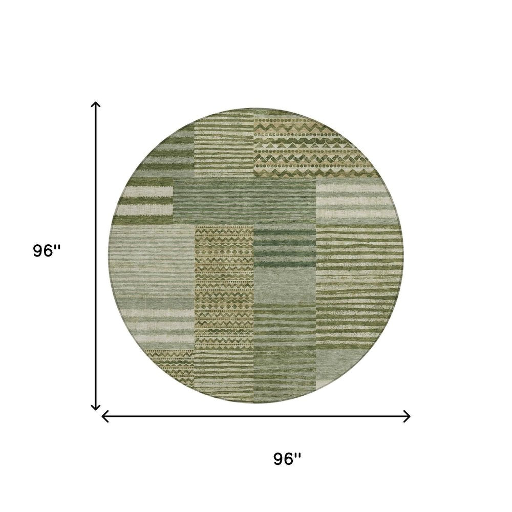 8' Green And Sage Round Striped Washable Indoor Outdoor Area Rug — view 4