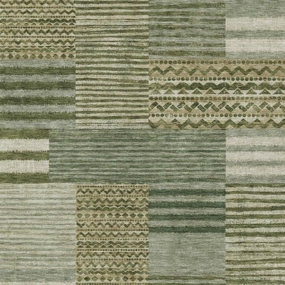 9' X 12' Green And Sage Striped Washable Indoor Outdoor Area Rug