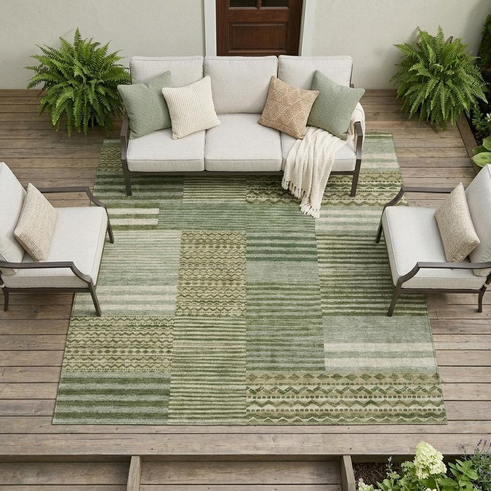 9' X 12' Green And Sage Striped Washable Indoor Outdoor Area Rug