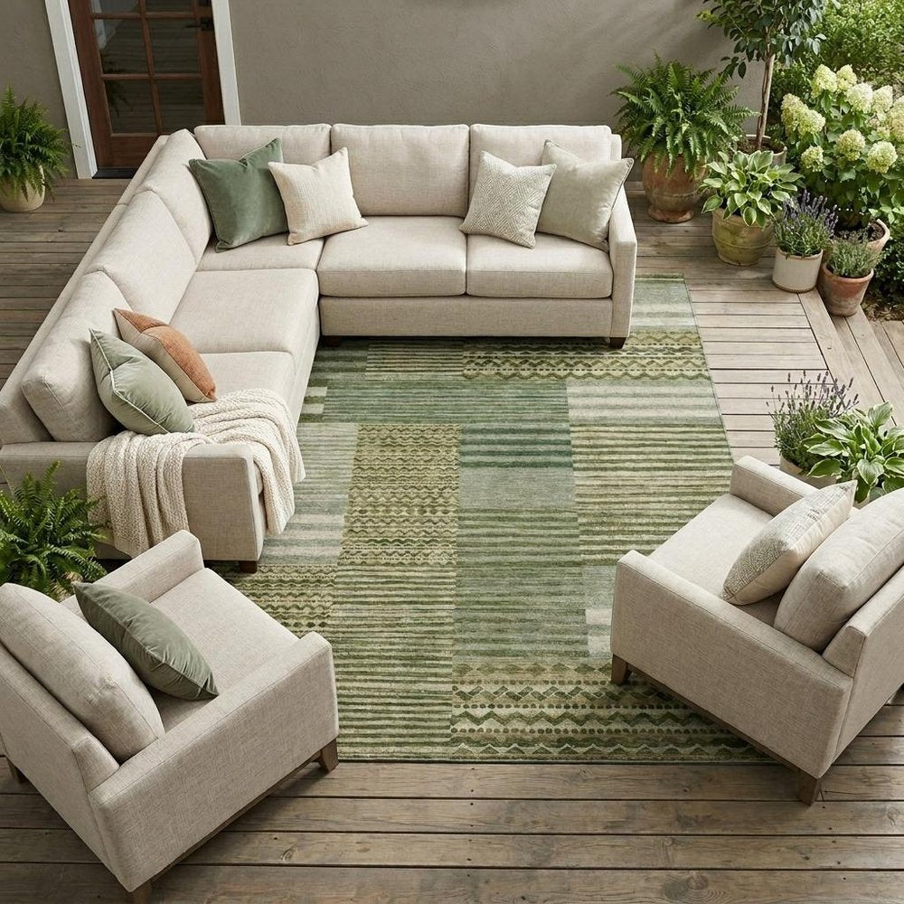 10' X 14' Green And Sage Striped Washable Indoor Outdoor Area Rug — view 5
