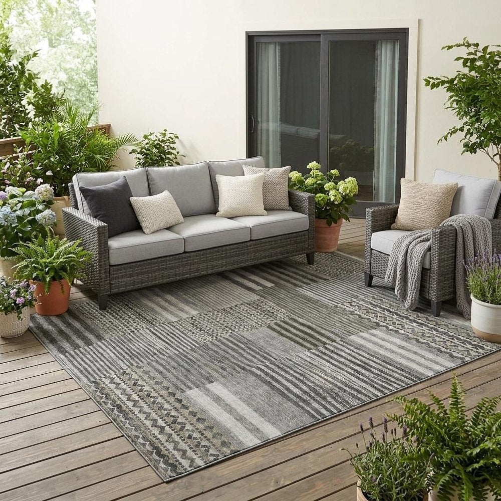 5' X 8' Pewter And Gray Striped Washable Indoor Outdoor Area Rug HomeRoots