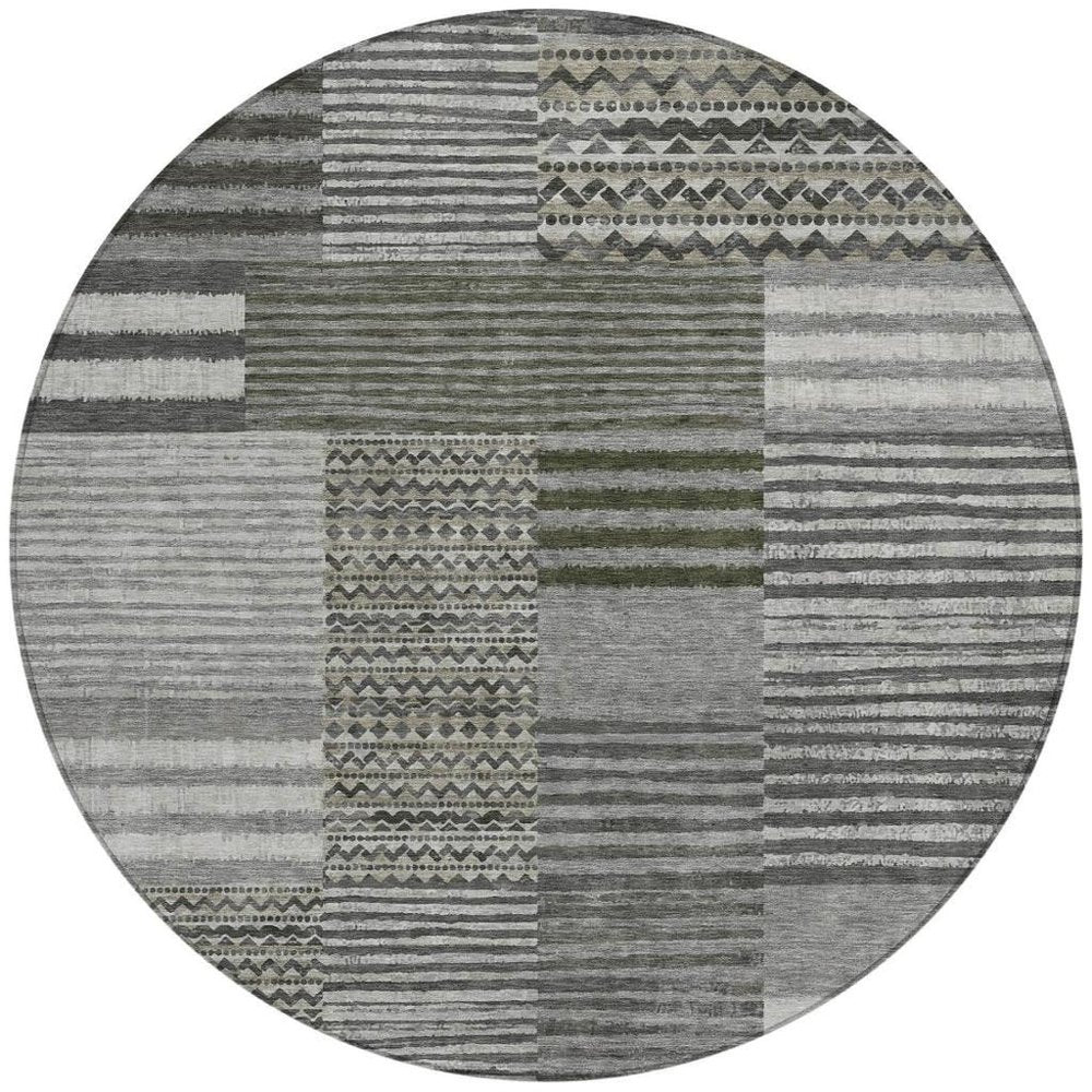 8' Pewter And Gray Round Striped Washable Indoor Outdoor Area Rug — view 6