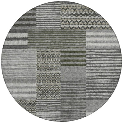 8' Pewter And Gray Round Striped Washable Indoor Outdoor Area Rug HomeRoots