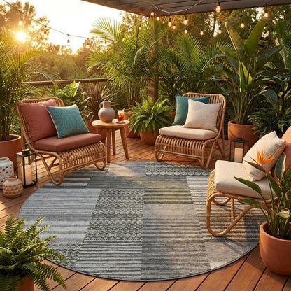 8' Pewter And Gray Round Striped Washable Indoor Outdoor Area Rug
