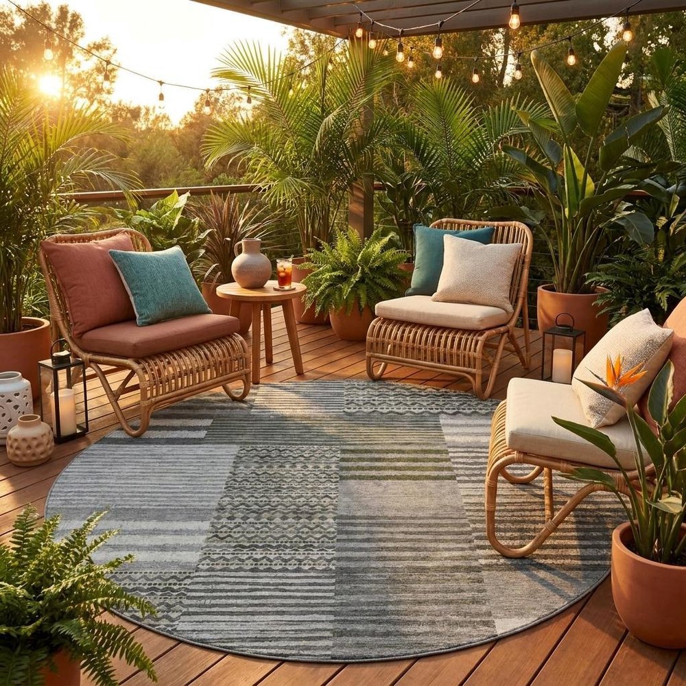 8' Pewter And Gray Round Striped Washable Indoor Outdoor Area Rug — view 7