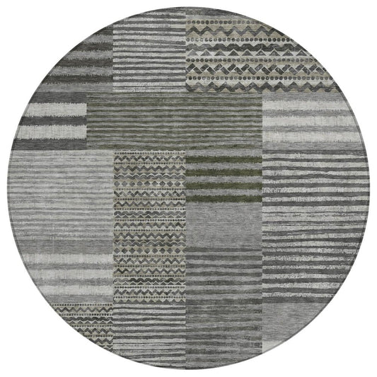 8' Pewter And Gray Round Striped Washable Indoor Outdoor Area Rug