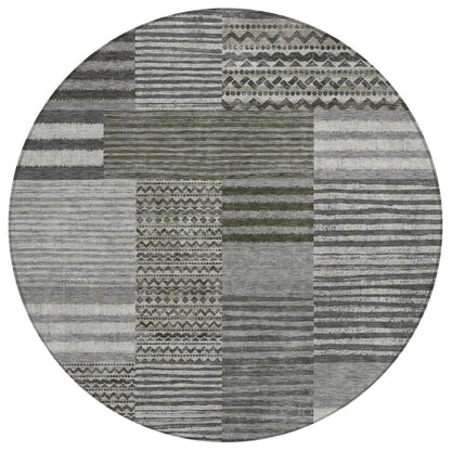 8' Pewter And Gray Round Striped Washable Indoor Outdoor Area Rug