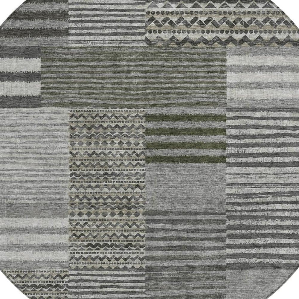8' Pewter And Gray Round Striped Washable Indoor Outdoor Area Rug