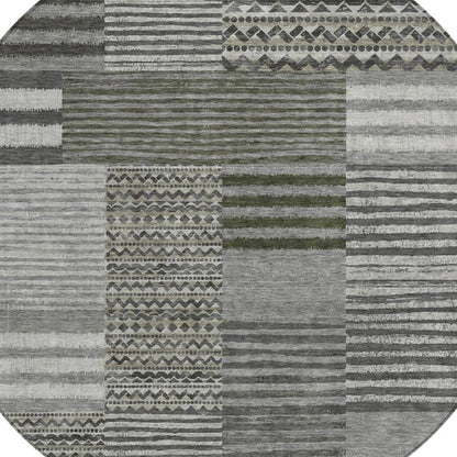8' Pewter And Gray Round Striped Washable Indoor Outdoor Area Rug